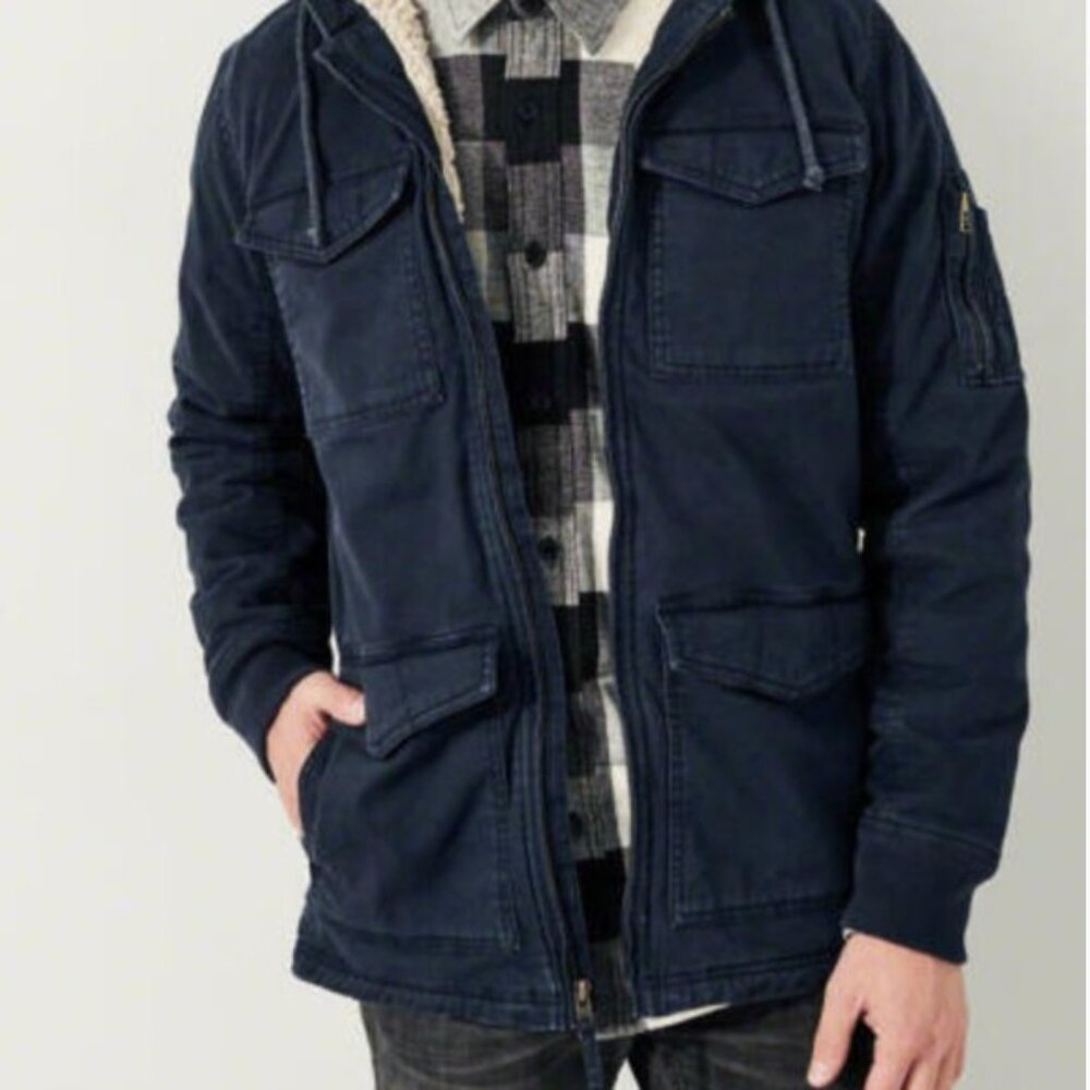 Vtg Y2K Hollister Sherpa Lined Jacket XL Navy Military Utility Workwear Trucker